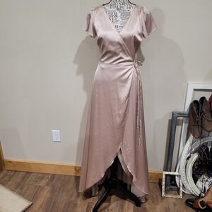 Baltic Born Women Champagne‎ Satin Wrap Maxi Dress XS Flutter Sleeve High Low